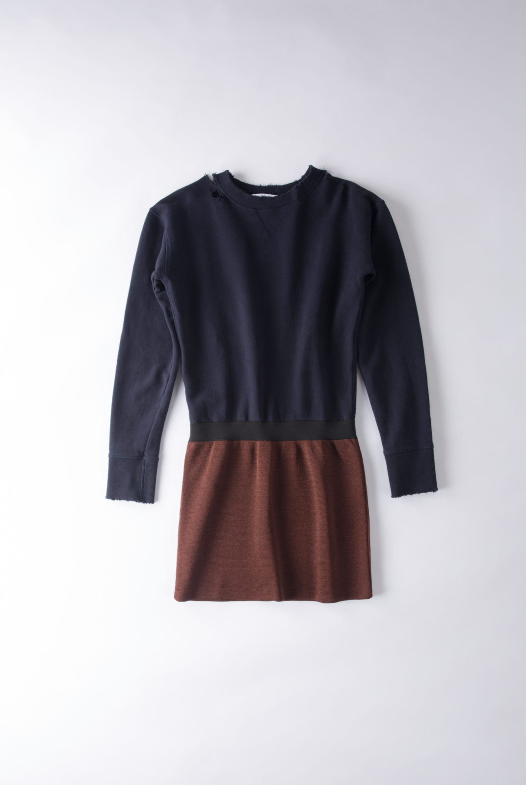 Robe sweat, bleu marine et marron, lurex, encolure ronde, manches longues, JWAnderson