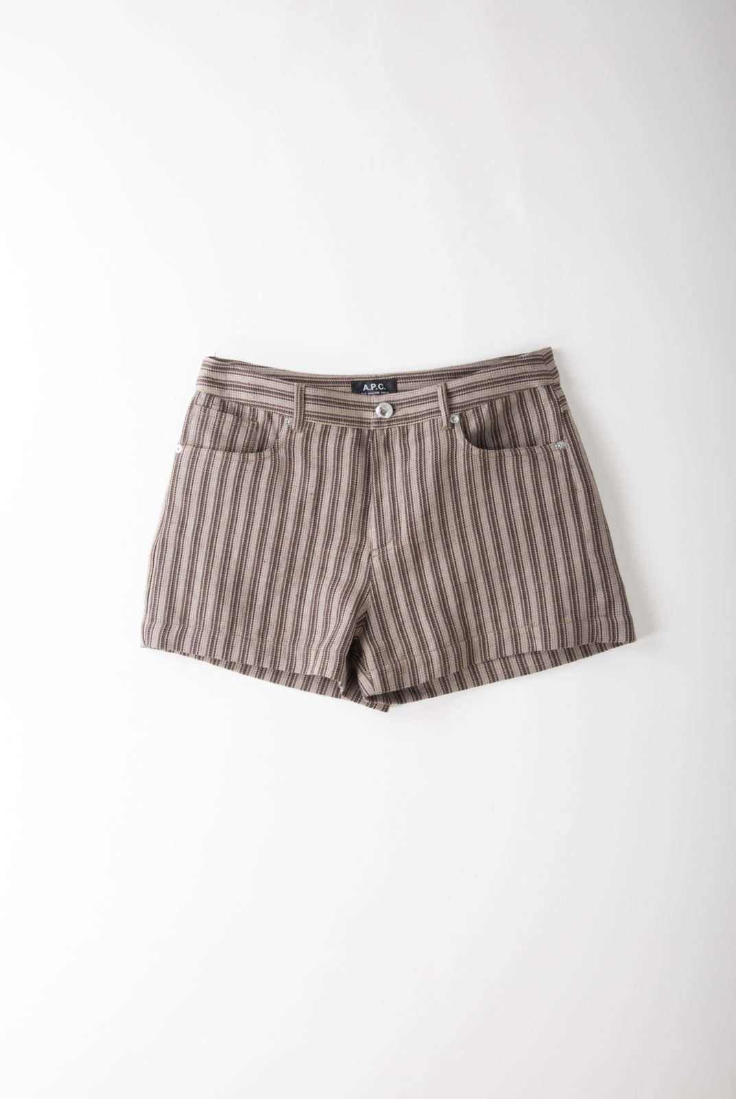 short, à rayure coton-lin marron, coupe courte et taille haute, apc